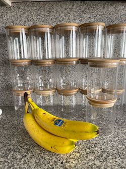 MOVING SALE – 17 Glass Pantry Canisters with Bamboo Lids