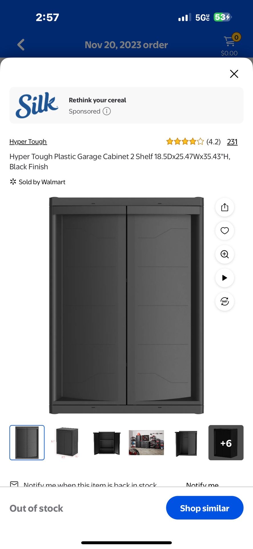 Hyper Tough Plastic Garage Cabinet 2 Shelf 18.5Dx25.47Wx35.43"H, Black Finish