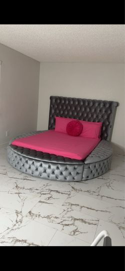 Grey round platform bed frame Queen size