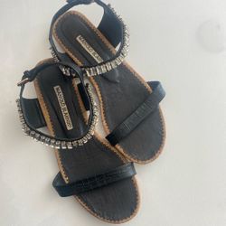 Manolo Blahnik Flat Sandals Leather Embellished Crystals Sz 6