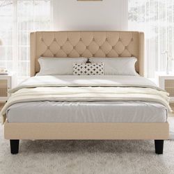 Queen Size Bed Frame with Button Tufted Wingback Headboard, Beige