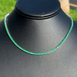 18k solid white gold 8.5CTW Natural Emerald stone tennis chain 16” necklace