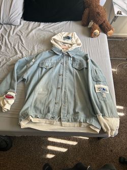 Light Wash Denim Jacket with Hood and anime patches