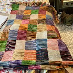 Vintage Hand Made Large Throw Blanket 50 By 78” Multicolor Squares Picture Of Holes On Edges