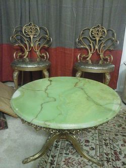 Antique marble table and bras chairs and table base