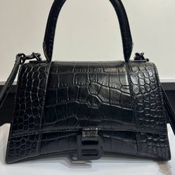 Balenciaga Medium Hourglass Croc-Embossed Leather Top Handle Bag
