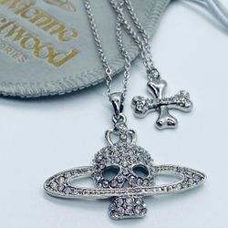 Silver double chain skull ball necklace