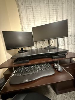 Office Desk + Monitors + Sit/Stand Desk Topper