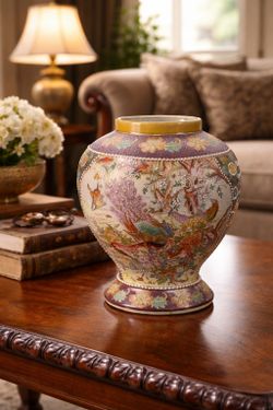 Vintage Japanese Satsuma Style Vase Peacock Birds Moriage Floral Urn Japan