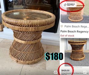 $180 VINTAGE BOHEMIAN SIDE WICKER AND GLASS TABLE PEACOCK 🦚 STYLE IN GREAT CONDITION