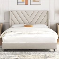 Full Bed Frame with Chevron Channel-Tufted Headboard, Beige