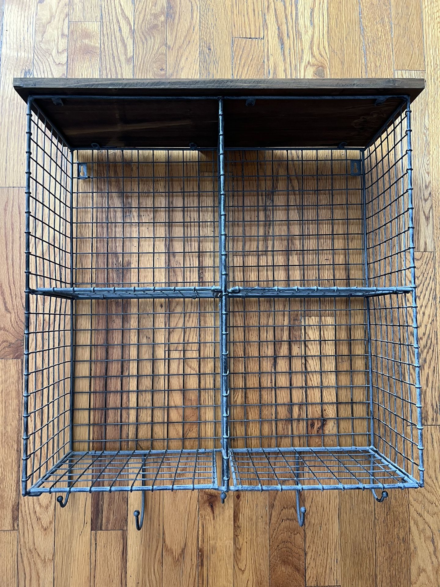 Small Rustic Metal/Wood Hanging Shelf With Hooks