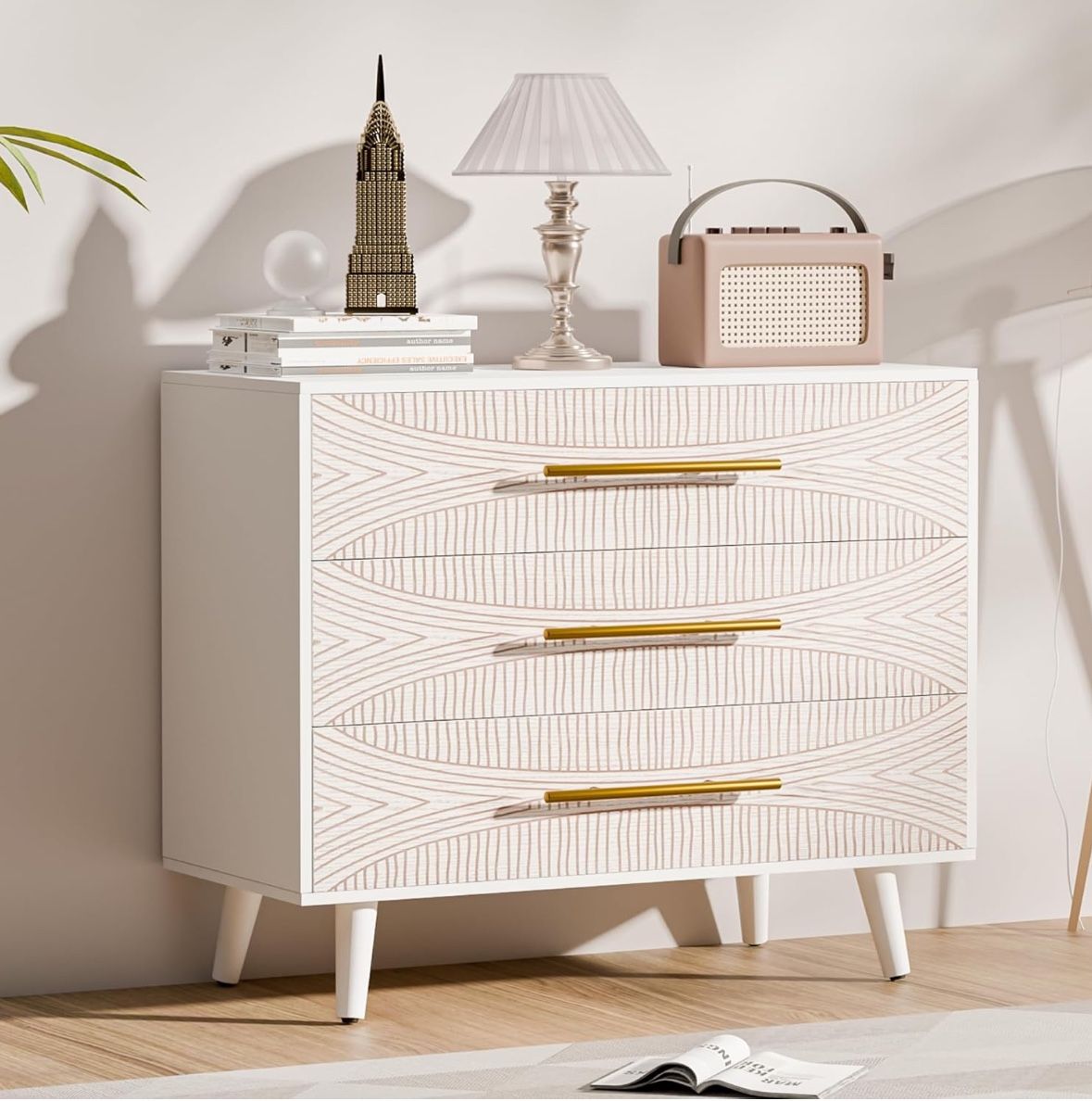 31.5" Wide White Nightstand, Tall Fluted Night Stand for Bedroom, Wood Large End Table Bedside Tables for Home and Office