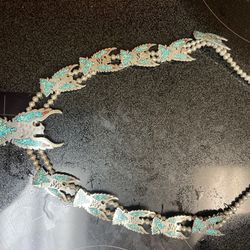 Squash, Blossom Necklace With Phoenix, Turquoise Inlay, Pure silver