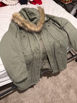 Olive Green Parka with Fur-Trim Hood