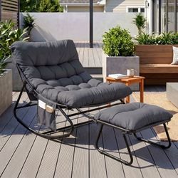 Outdoor Papasan Rocking Chair with Ottoman, Patio Lounge Chair W/ Cushion, Side Pocket, Sturdy Metal Frame, Patio Rocker Chair for Balcony, Backyard,