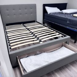 REDUCED Platform bed Frame brand new in box Grey Fabric with Storage Drawer Queen $258 Full $238