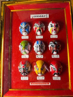 Vintage Chinese Opera Facial Types 9 Mini Masks Framed Shadow Box Wall Art