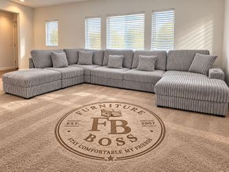 Large Gray Corduroy U-Shaped Sectional Sofa