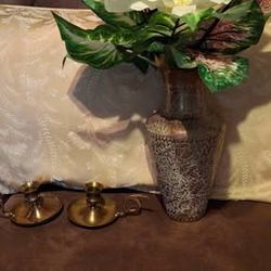 Ornate Etched Brass Vase with Artificial Flowers & Pair of brass candlesticks