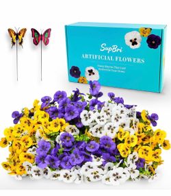12 Bundles Artificial Silk Pansy Flowers with Fake Butterflies White Purple Yellow, UV Resistant, Waterproof, No Fade, Outdoor Pots Garden Patio Decor