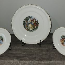 Set of 3 Vintage Harker Pottery USA China Plates with 22kt Gold Trim (2 Sizes)