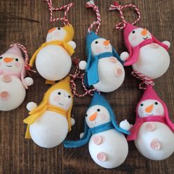 Set of 7 ~2" Adorable Felt Snowman Christmas Tree Ornaments Colorful As Pictured