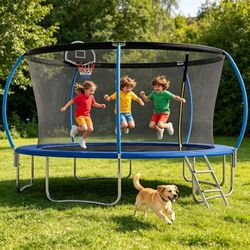 14FT Round Outdoor Trampoline with Safety Enclosure Net Basketball Hoop & Ladder