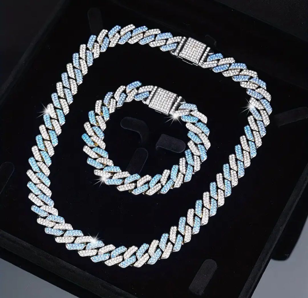2-Pcs Fully Iced 14K White Gold-Plated 2-Tone Cubic Zirconia Men Women Cuban Chain Necklace & Bracelet Set