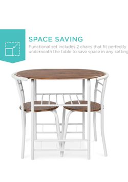  3-Piece Wooden Round Table & Chair Set for Kitchen, Dining Room, Compact Space w/Steel Frame, Built-in Wine Rack - White/Brown