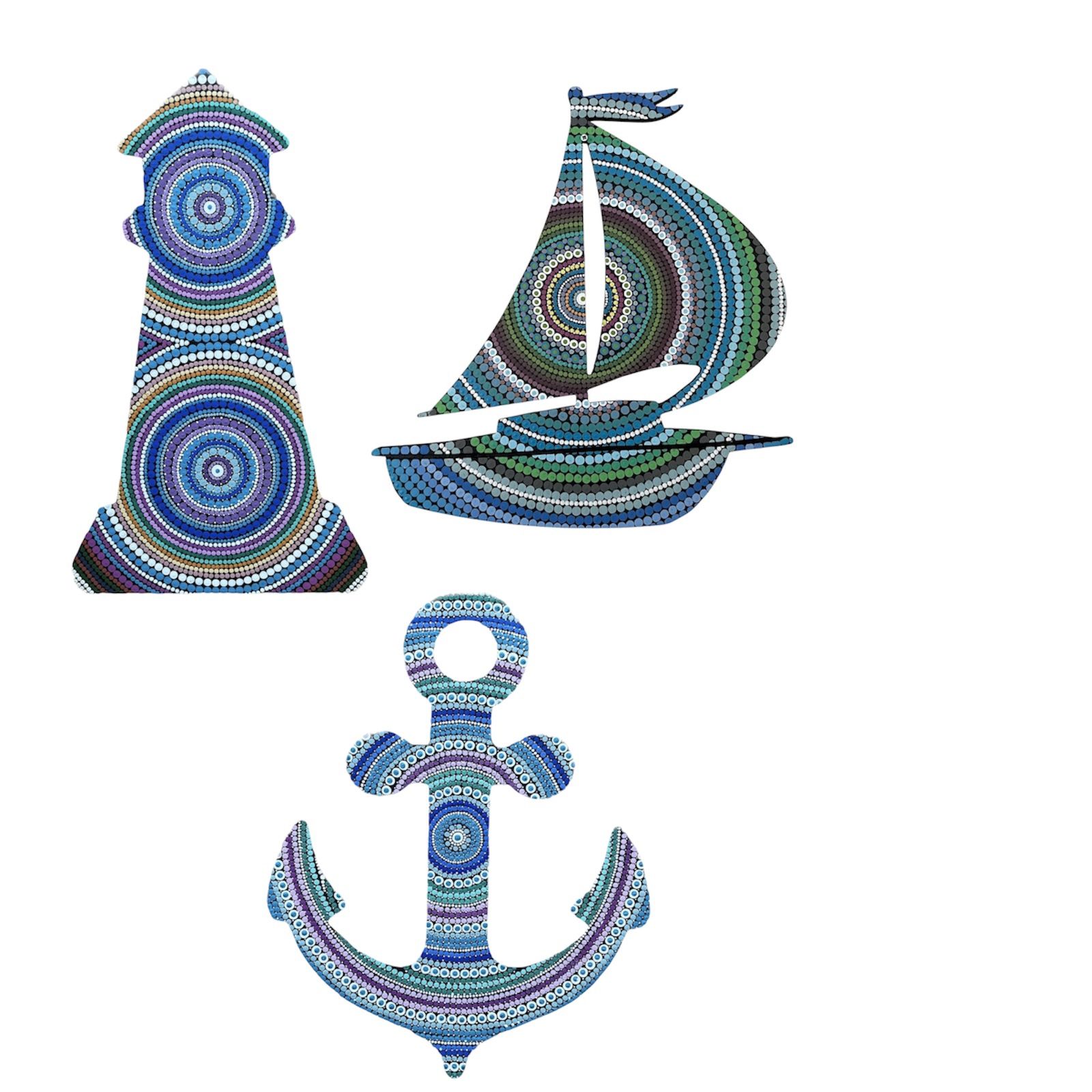 Set Of 3 Handmade Dot Mandala Nautical Art – Anchor, Boat & Beacon Design