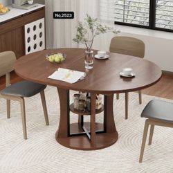 59'' Extendable Round Dining Table for 4-8, Expandable Kitchen Table with Storage Shelf, Space Saving Circle Kitchen Table, Round Oval Dining Room Tab