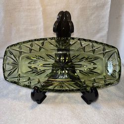 Vintage Hazel Atlas Green Glass Relish Celery Dish 9.5” Starburst