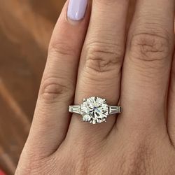 3 Carat Round Moissanite Diamond Engagement Ring With Tapered Baguettes