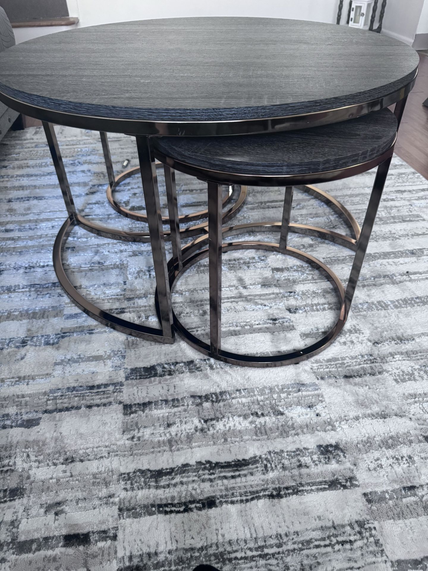 Coffee Table Sets Of Three. Grey Hardwood And Gold