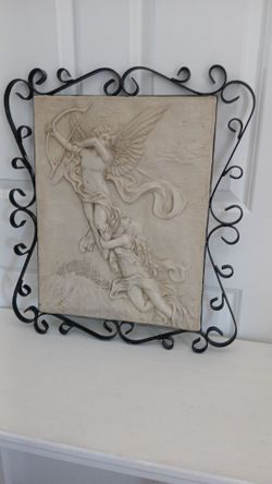 24x19" plaster and iron vintage  flying cupid and lady plaque por almeda genoa rd 77075