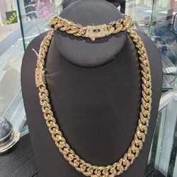 14K Gold Plated Cuban Link Chain Necklace with Dazzing CZ Stainless Steel bracel