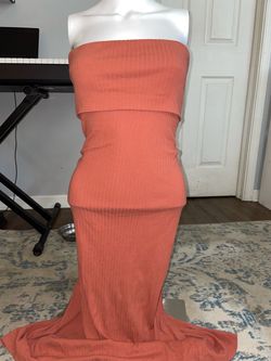 Coral Ribbed Strapless Maxi Dress