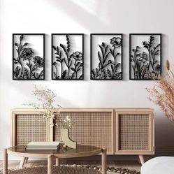 New 4 Pcs Black Abstract Flowers Metal Wall Art, Minimalist 3D Floral Sculptures
