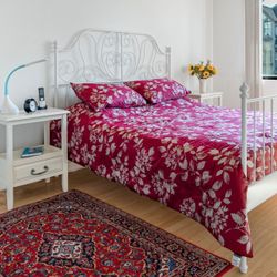Metal Bed frame, off-white, Queen with 1-Drawer Wood End Tables with Self in Off White