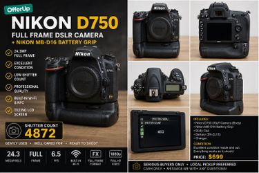 Nikon D750 Full-Frame DSLR + MB-D16 Grip | 4,872 Shutter Count | $580