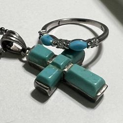 Vintage Turquoise/ Sterling Silver  Cross  Necklace And Matching Turquoise Ring