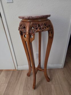 Vintage Hand Carved Rosewood Marble Top Pedesatal Table.36” Tall.
