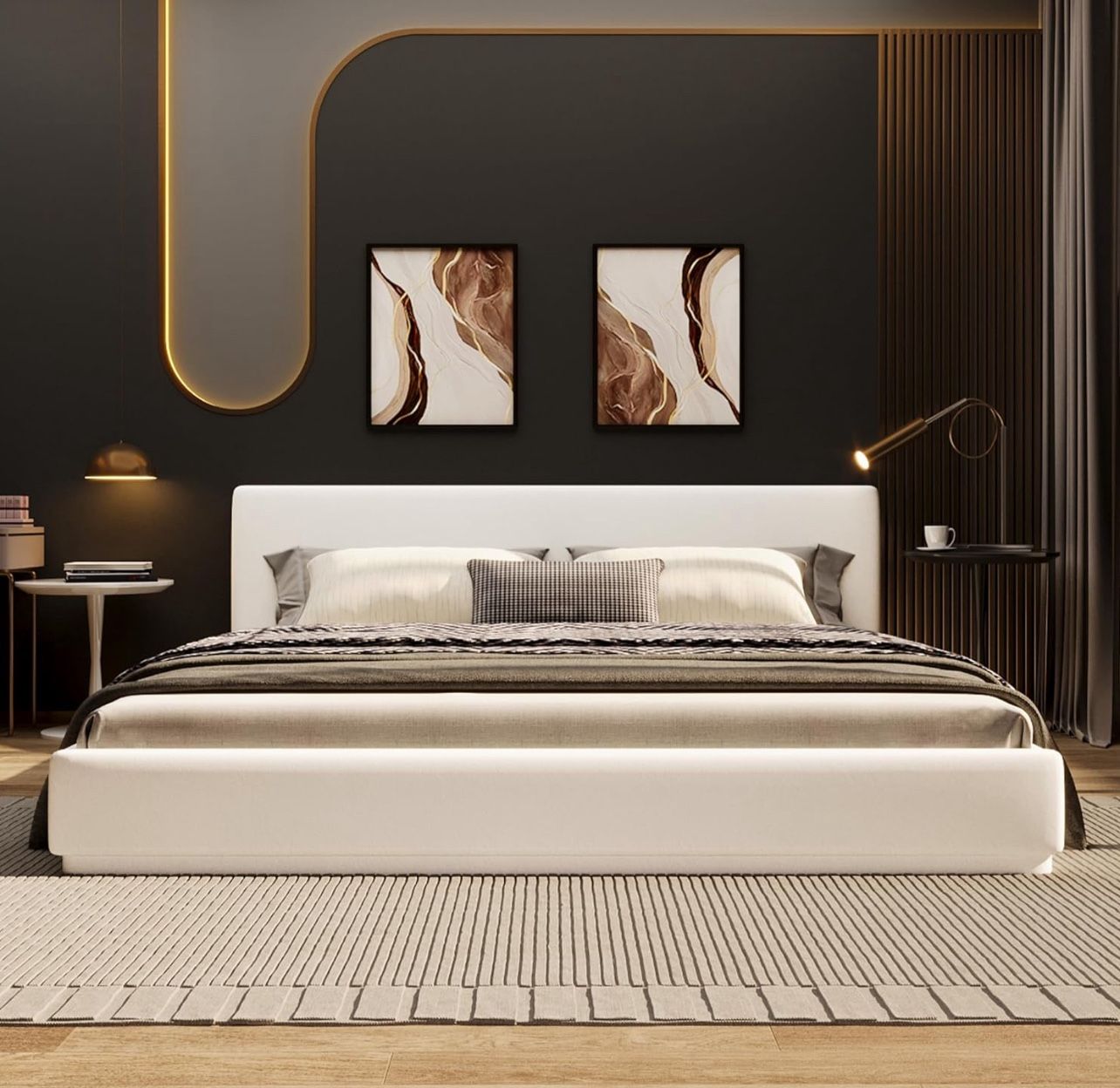 White Velvet Fabric Upholstered Bed Frame with Padded Headboard, King 