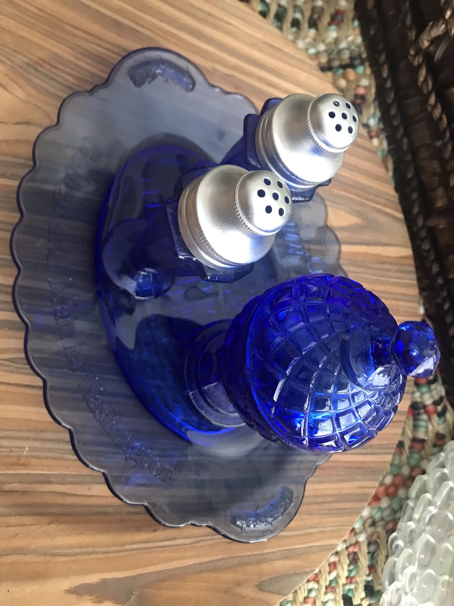 Blue Glass: Tray ,Sugar Jar& Salt /Pepper Shakers