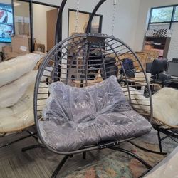 2 Person Double Egg Chair Indoor Outdoor, Patio Wicker Loveseat Hanging Chair w/Stand, Comfortable Cozy Swing Egg Chairs, Double Padded Seats 680lbs f