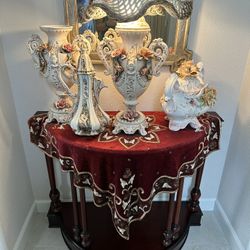 Vintage Porcelain Vase Pieces and Wood Table 