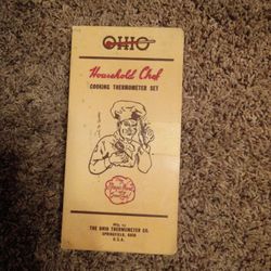 This item is a vintage "Ohio Household Chef Cooking Thermometer Set" manufactured by the Ohio Thermometer Co. in Springfield, Ohio. 