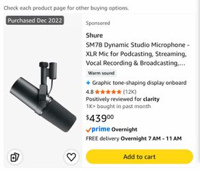 Shure SM7B Vocal Dynamic Microphone – XLR Studio Mic for Podcasting