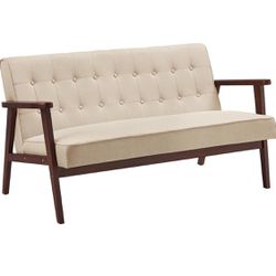  Loveseat Sofa, 2 Seater Cushioned Couch for Small Spaces, Mid-Century Modern 51.2-Inch Wide Solid Wood Armrests for Living Room Bedroom, 2 seat, Sand